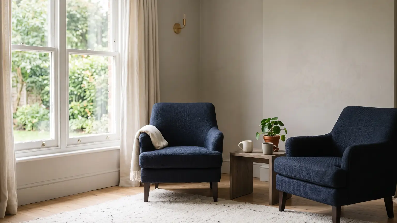 Two armchairs facing each other beside a window in a calm room