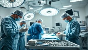 Home 9 Surgical team in an operating room preparing instruments