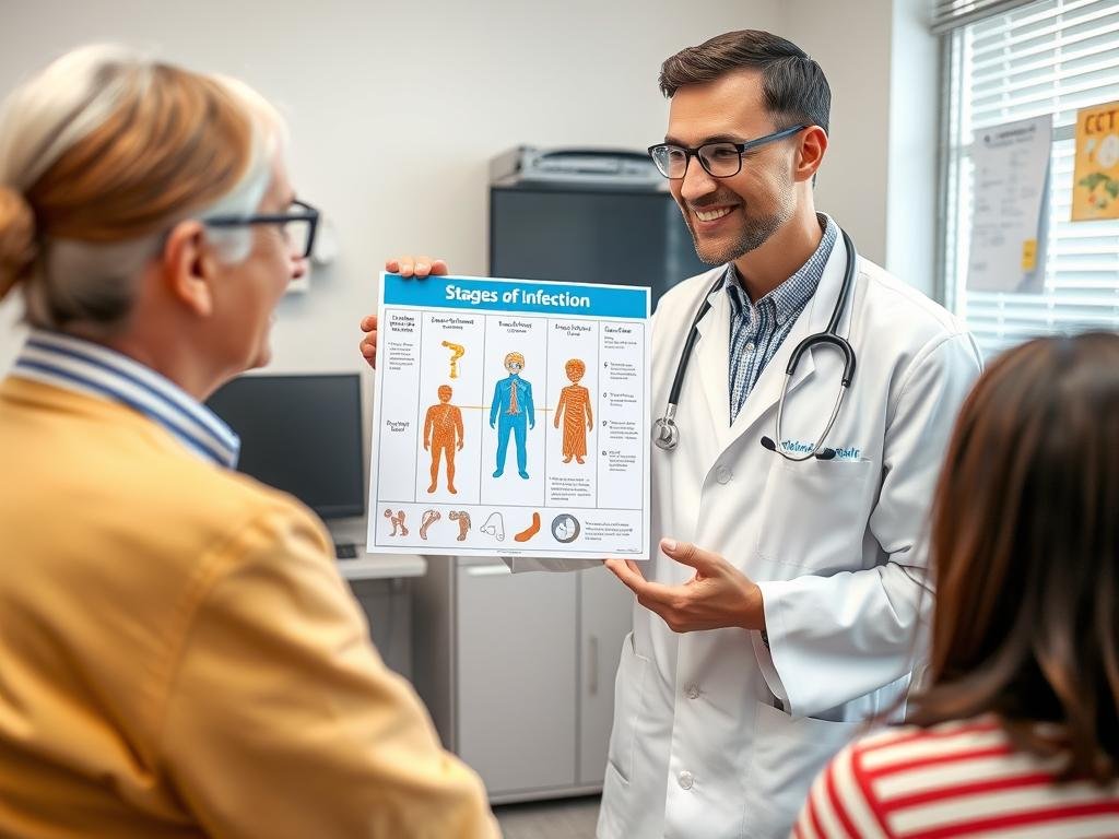 Healthcare professional explaining infection stages to a patient using a medical chart