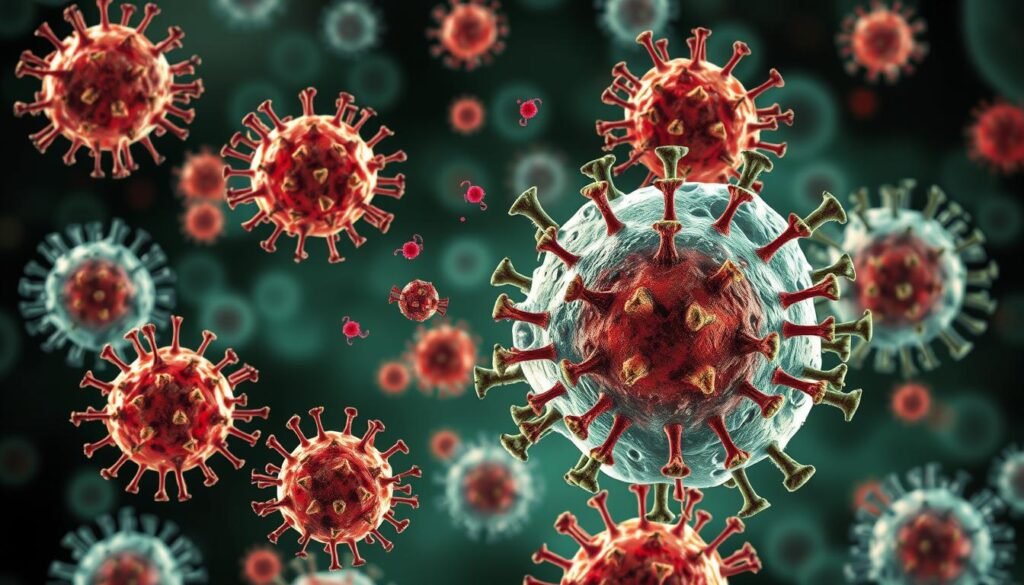Illustration of immune cells attacking pathogens during acute phase of infection