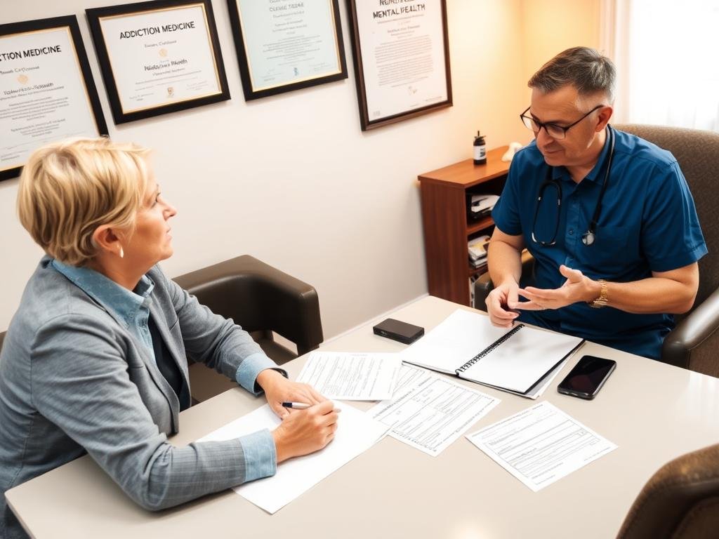 Person discussing mental health and substance use with a healthcare provider Person discussing mental health and substance use with a healthcare provider