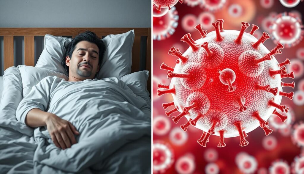 Person experiencing full symptoms during the illness stage of infection with immune system response visualization