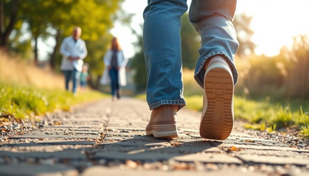 Person taking first steps toward recovery with support from healthcare providers Person taking first steps toward recovery with support from healthcare providers