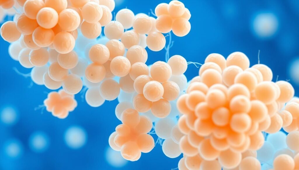 Microscopic image of Staphylococcus aureus bacteria showing their characteristic grape-like cluster formation