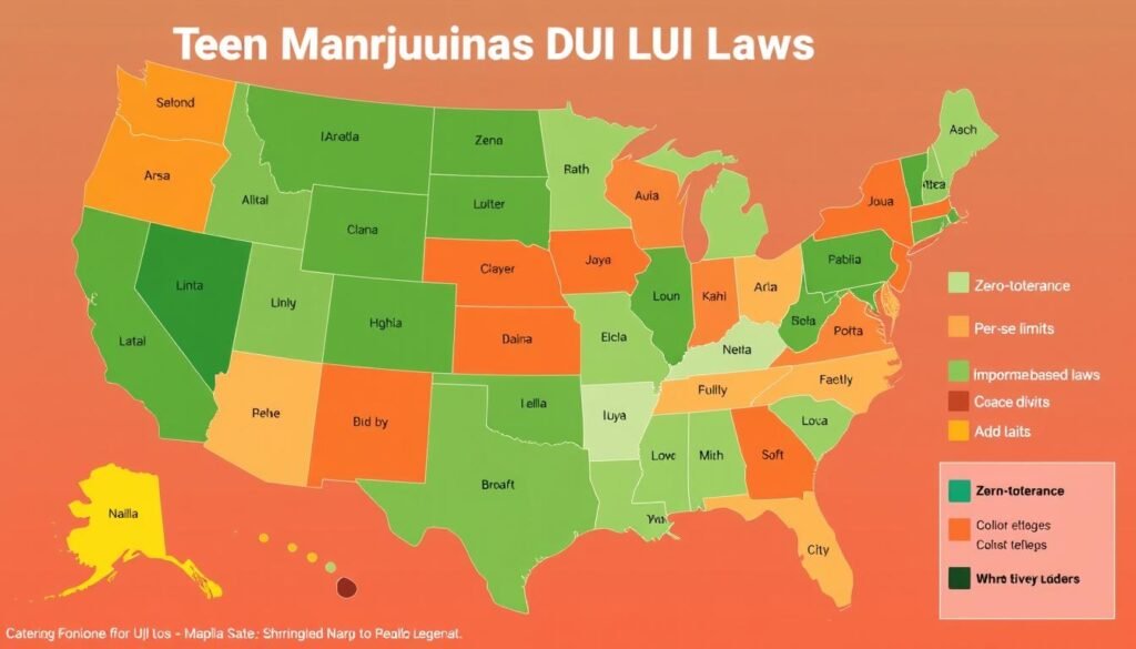 Map of United States showing different teen marijuana DUI law categories by state Map of United States showing different teen marijuana DUI law categories by state