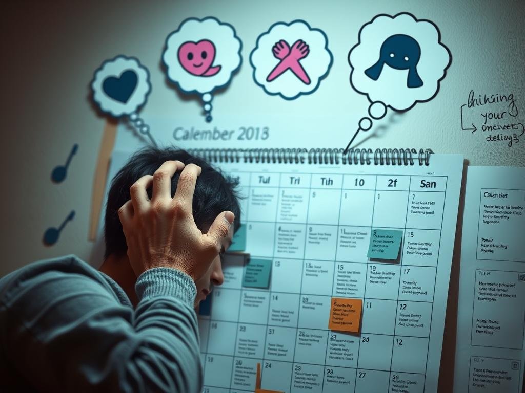 Person filling calendar with activities to avoid dealing with emotions, showing staying busy isn't healthy