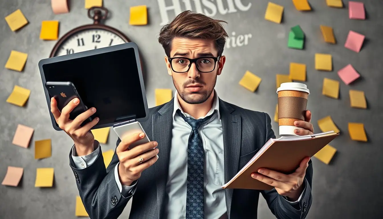 Person juggling multiple devices and tasks representing hustle culture and why staying busy isn't healthy