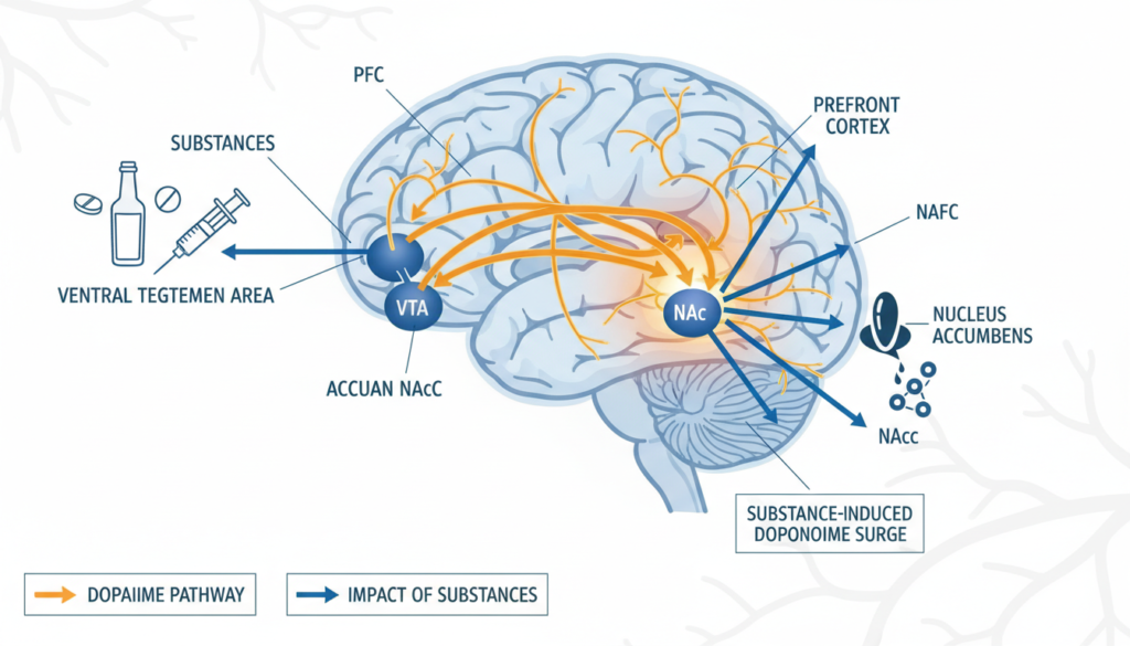 Stage 3 of Alcohol Use Disorder: Understanding Psychological Dependence on Alcohol 4 Brain reward system showing how alcohol affects dopamine pathways leading to psychological dependence