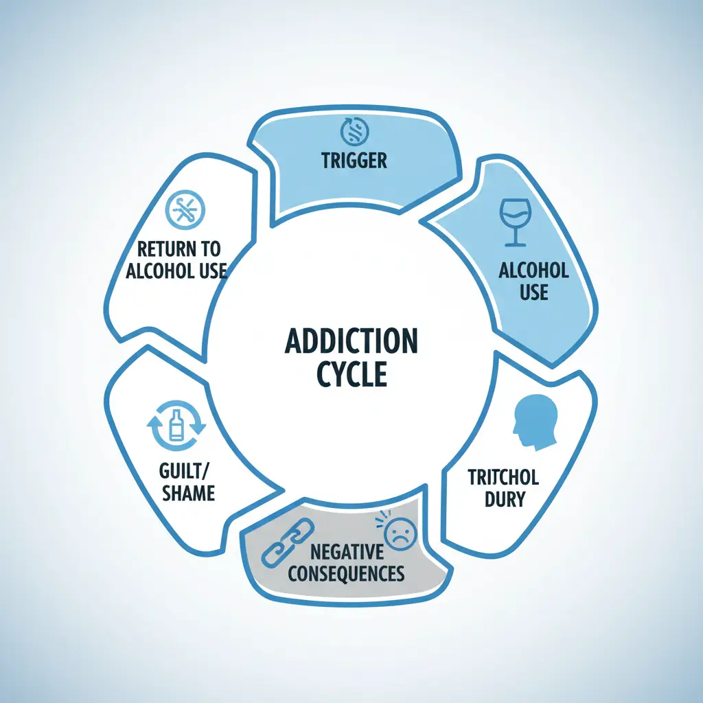 Circular diagram showing the addiction cycle: trigger, use, consequence, guilt, use