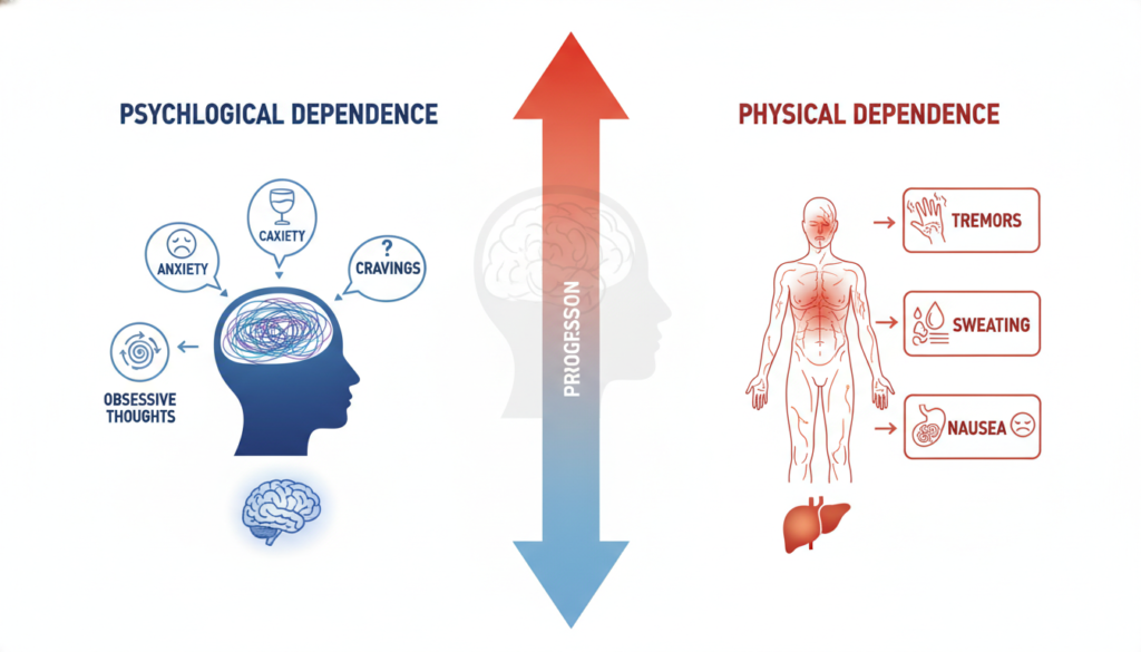 Comparison of psychological vs physical dependence on alcohol showing progression