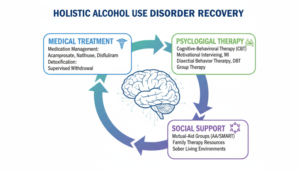 Comprehensive treatment approach showing medical, psychological and social support elements