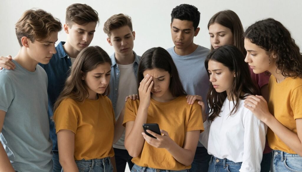 Diverse group of teens supporting each other against identity-based cyberbullying and tech trauma