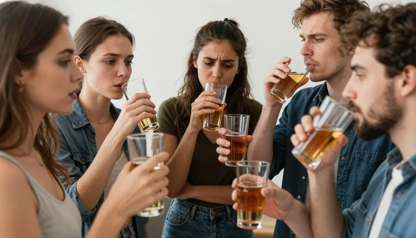 Group of young adults engaging in binge drinking at a party, showing early risky drinking behavior