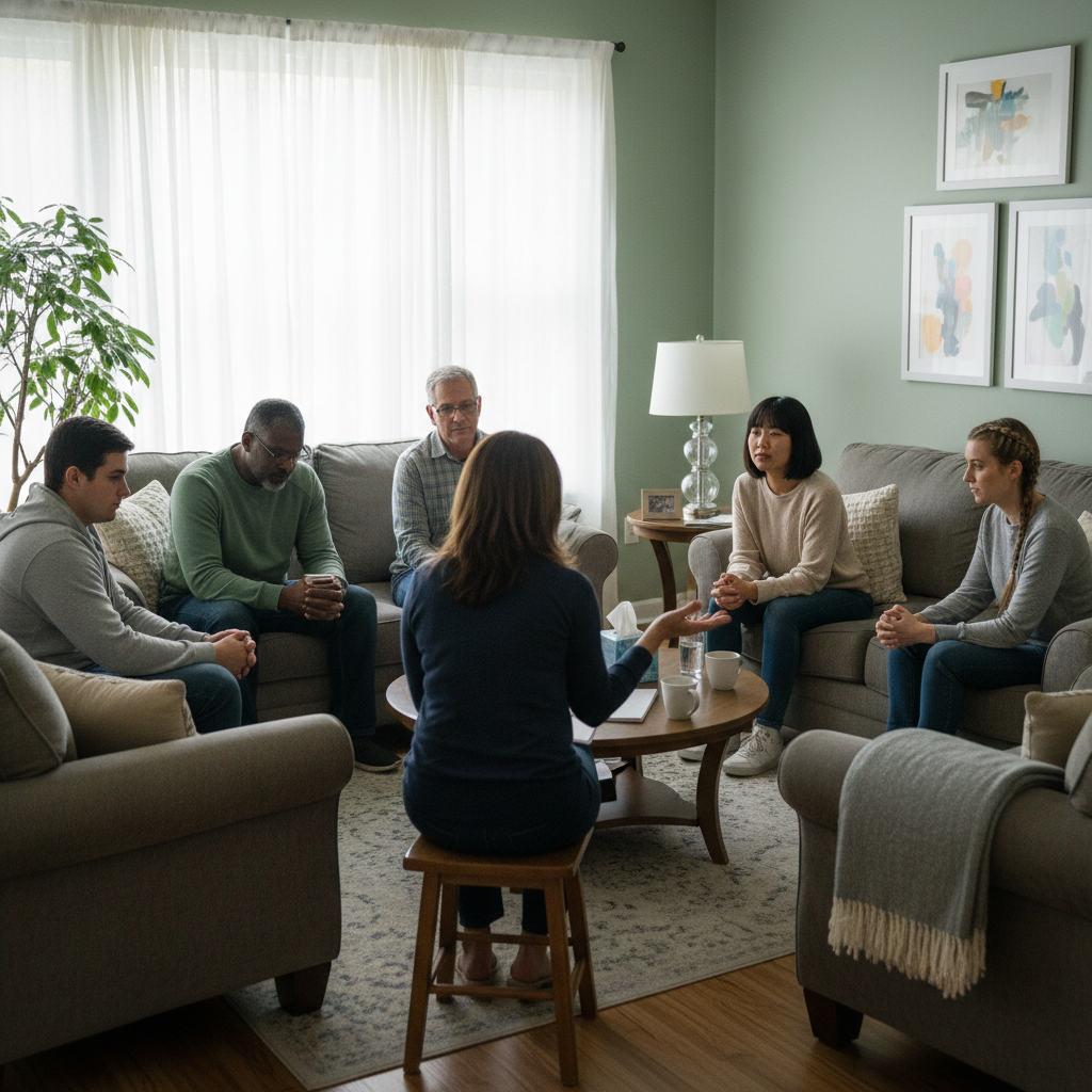Group therapy session during alcohol rehabilitation program
