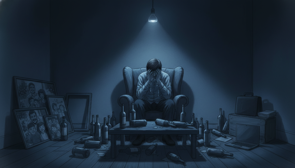 Illustration showing the social isolation and relationship breakdown from chronic alcohol use disorder