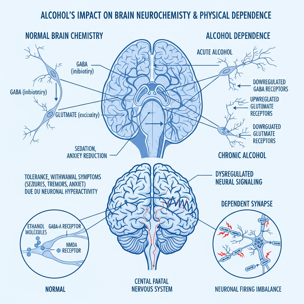 Medical illustration showing how alcohol affects brain chemistry in physical dependence