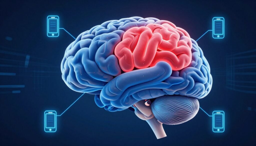 Neuroscience illustration of tech trauma impact on teen brain development