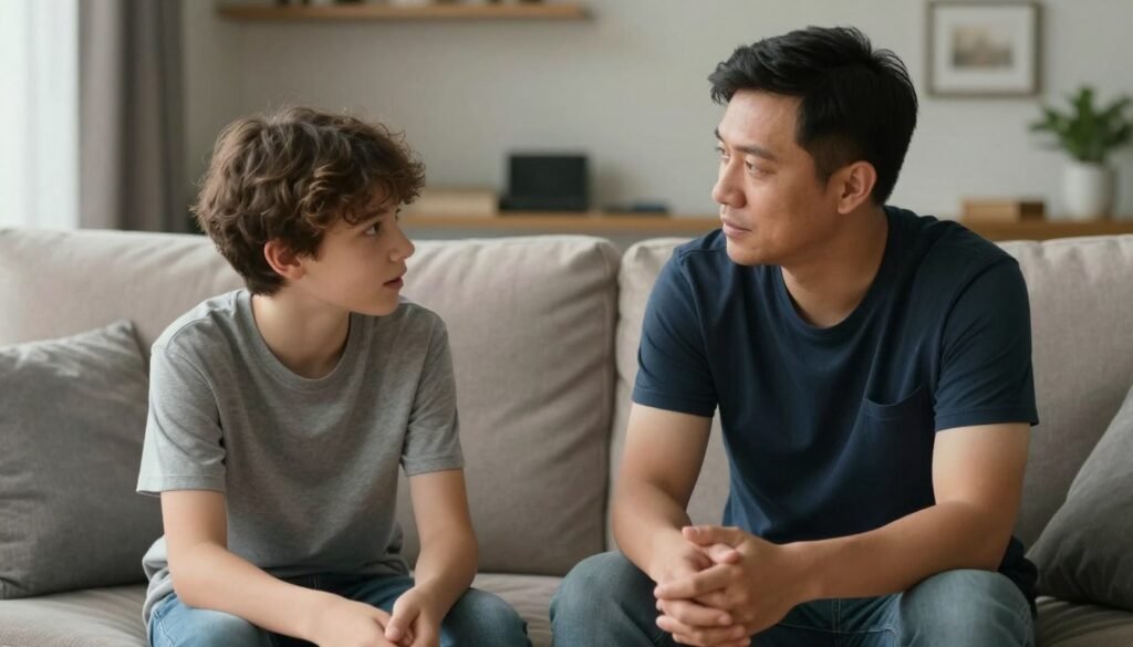 Parent and teen having supportive conversation about cyberbullying and tech trauma