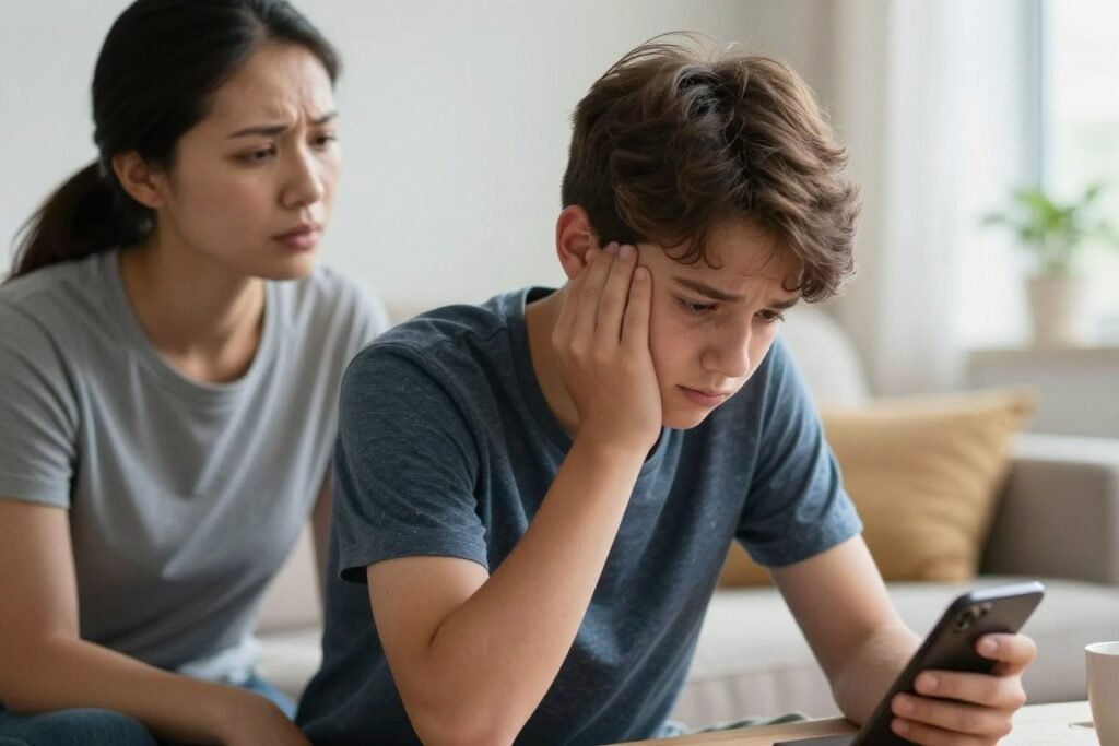 Parent noticing red flags of cyberbullying and tech trauma in teen behavior