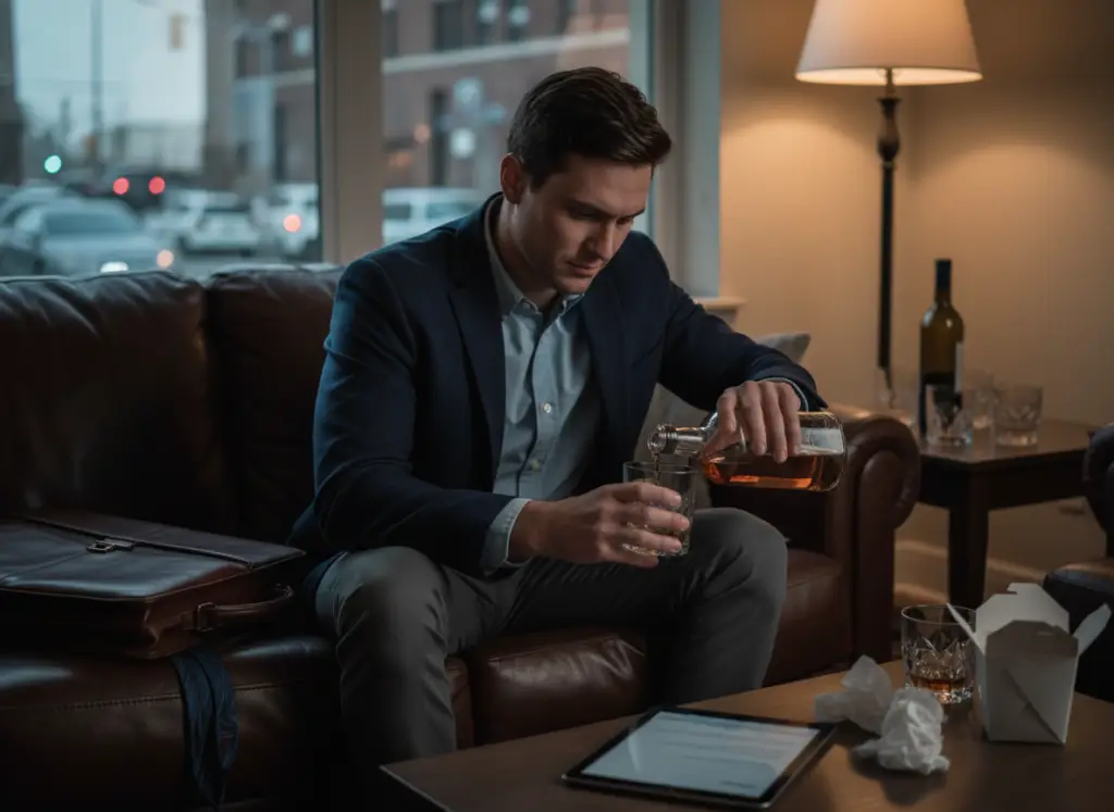 Stage 2 of Alcohol Use Disorder: Increased Tolerance and Escalating Use 5 Person drinking alone after work, showing increased frequency of alcohol consumption in Stage 2