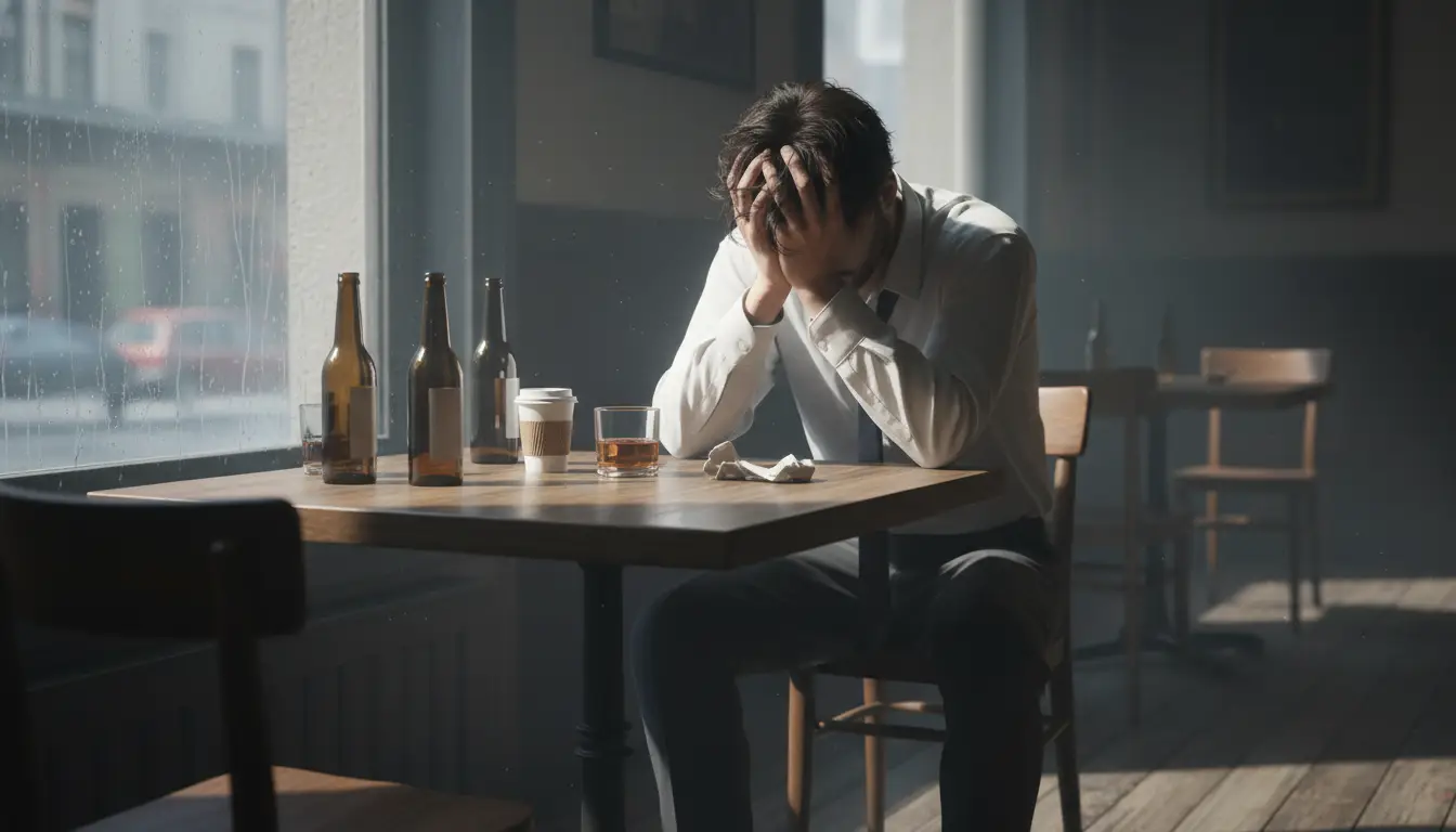 Person looking distressed with empty alcohol bottles symbolizing loss of control over drinking