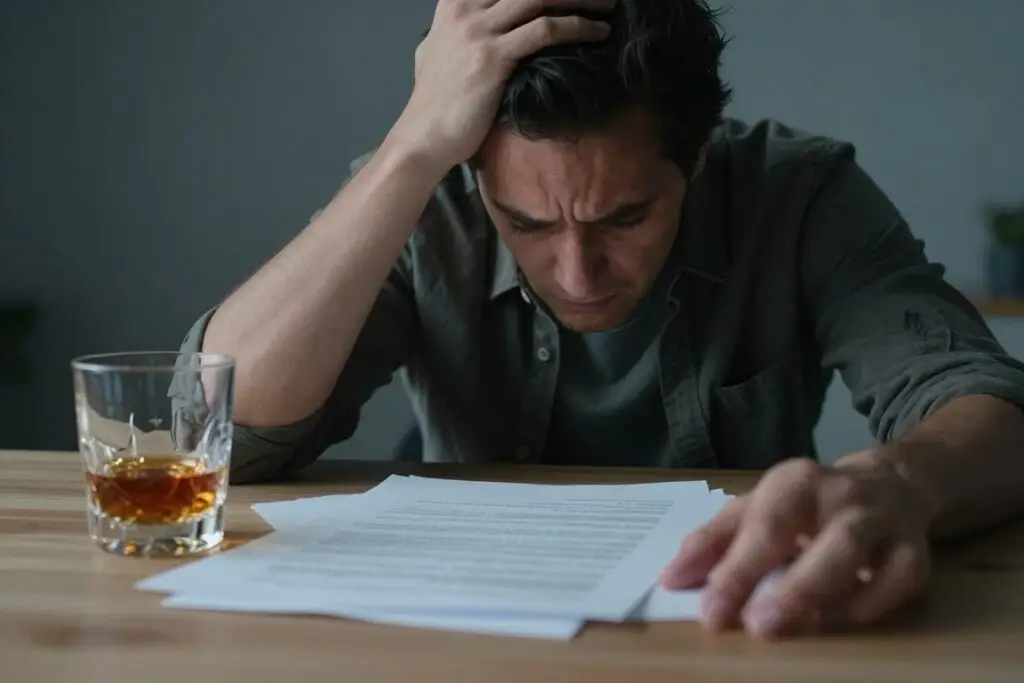 Person using alcohol to cope with stress, illustrating psychological dependence