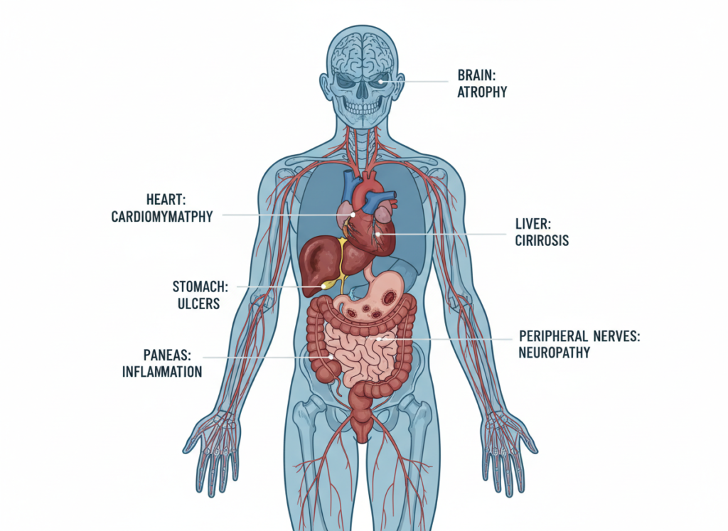 Physical symptoms of chronic alcohol use disorder shown on human body diagram