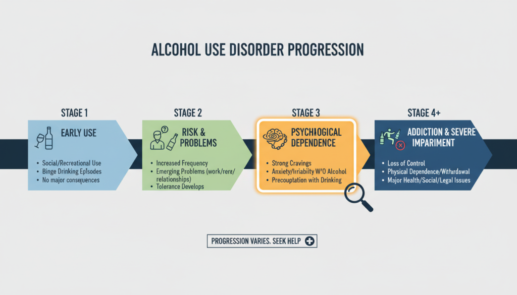 Progression of alcohol use disorder stages with Stage 3 Psychological Dependence highlighted