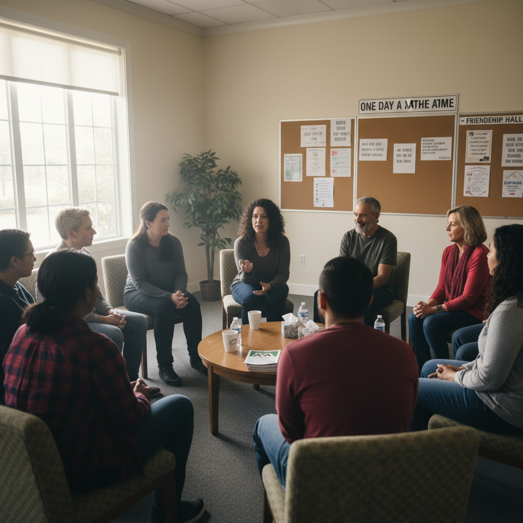 Support group meeting for ongoing alcohol recovery maintenance