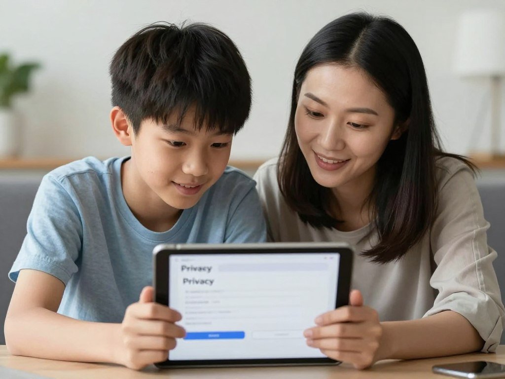 Teen and parent reviewing digital boundaries and privacy settings together