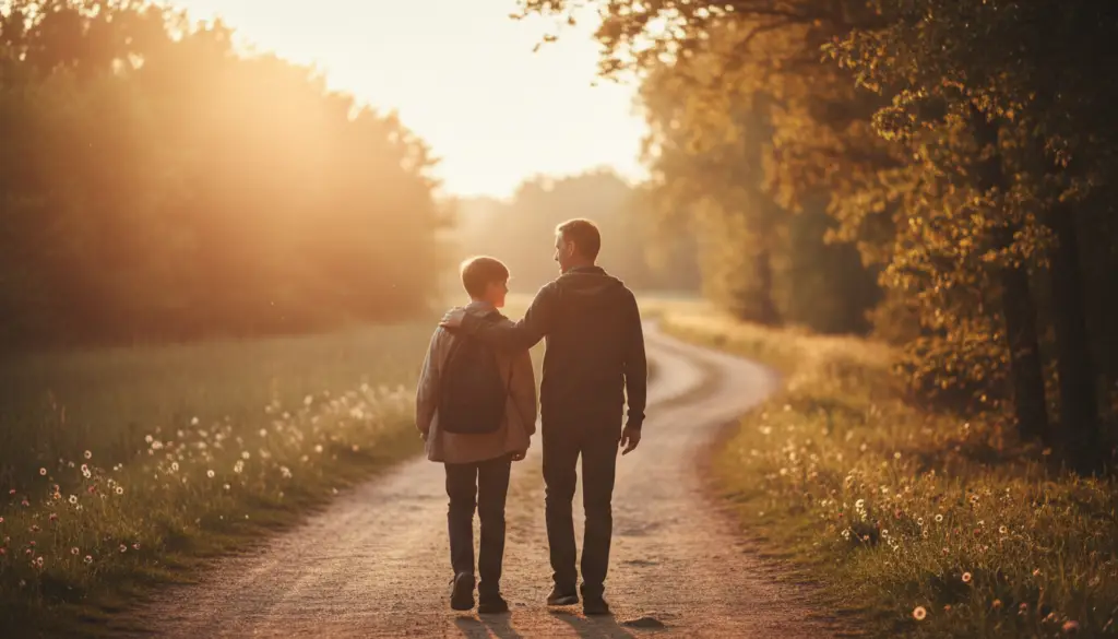 Teen and parent walking together, symbolizing the journey of recovery and support Teen and parent walking together, symbolizing the journey of recovery and support