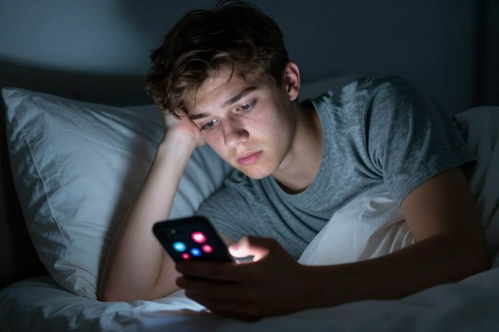 Teen checking phone anxiously at night, showing no escape from cyberbullying and tech trauma