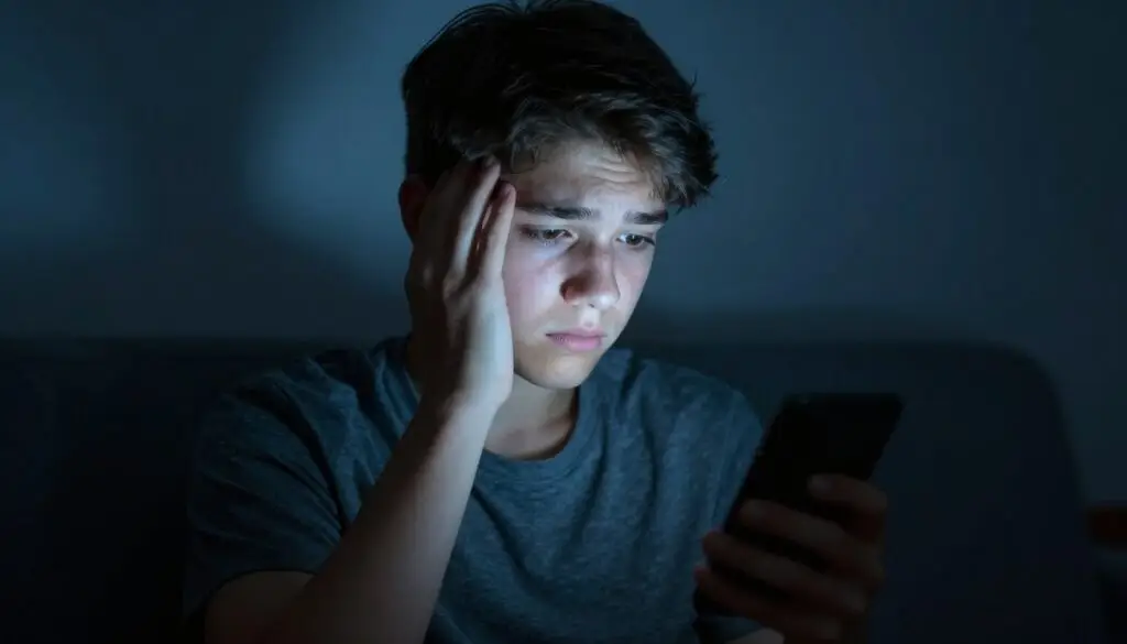 Cyberbullying Effects: What Parents Need to Watch For 1 Teen looking distressed while looking at smartphone, illustrating cyberbullying and tech trauma
