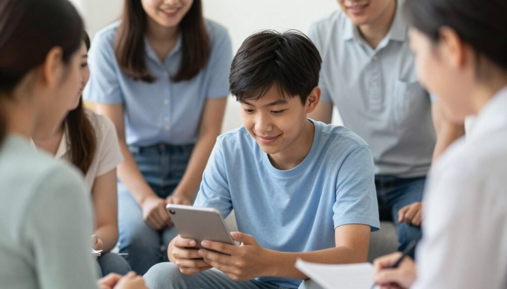 Teen recovering from cyberbullying with support system, showing healing from tech trauma