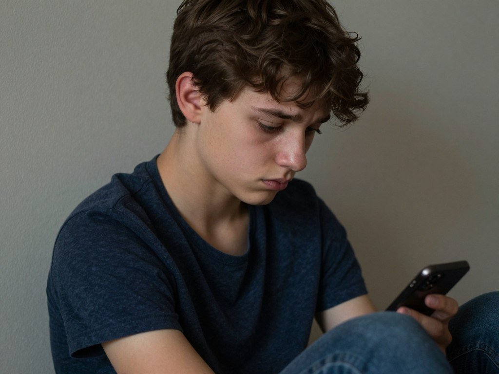 Teen showing signs of depression from cyberbullying and tech trauma