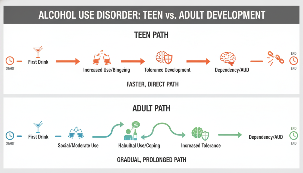 Timeline showing accelerated path to alcohol use disorder in teens versus adults Timeline showing accelerated path to alcohol use disorder in teens versus adults
