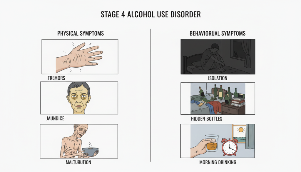 Visual representation of physical and behavioral symptoms of Stage 4 Alcohol Use Disorder