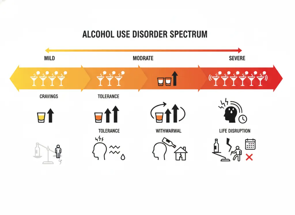 Visual representation of the spectrum of alcohol use disorder from mild to severe Visual representation of the spectrum of alcohol use disorder from mild to severe