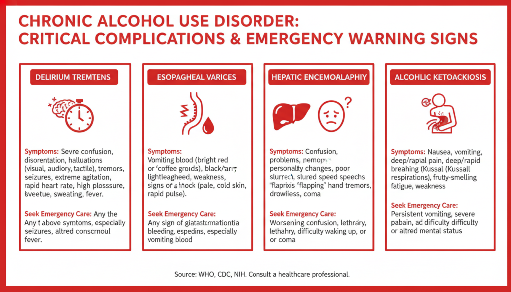 Warning signs chart showing complications of chronic alcohol use disorder