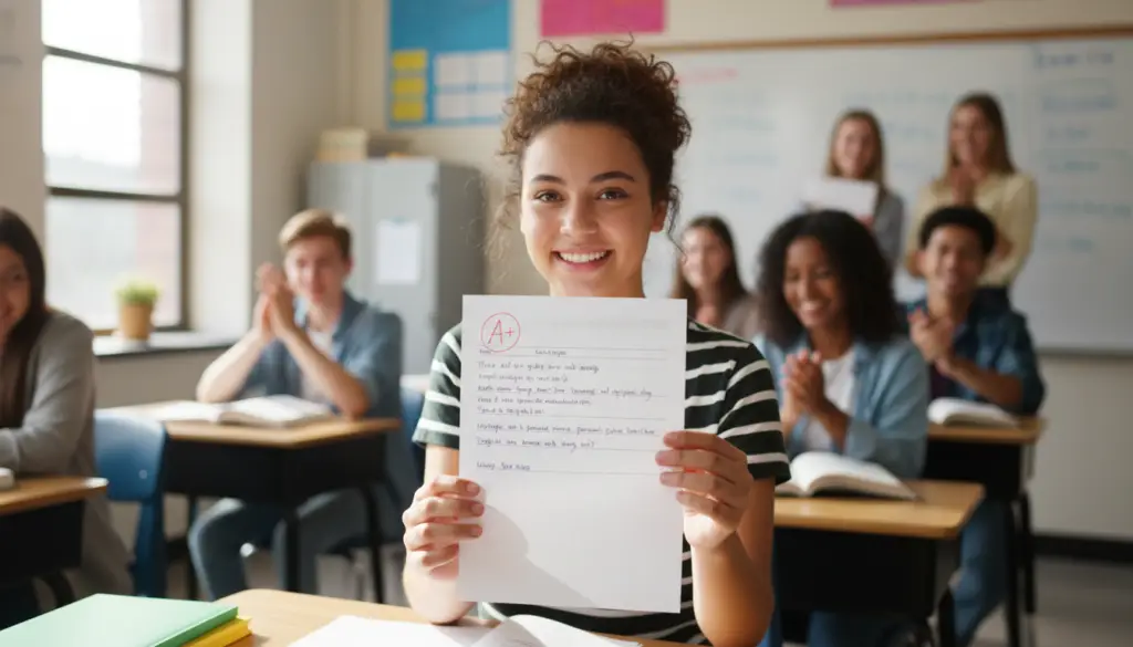 Happy student showing improved test scores Happy student showing improved test scores