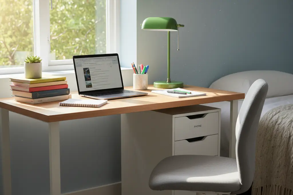 Organized study space without phone visible Organized study space without phone visible