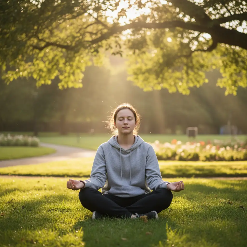 Peaceful student meditating outdoors Peaceful student meditating outdoors