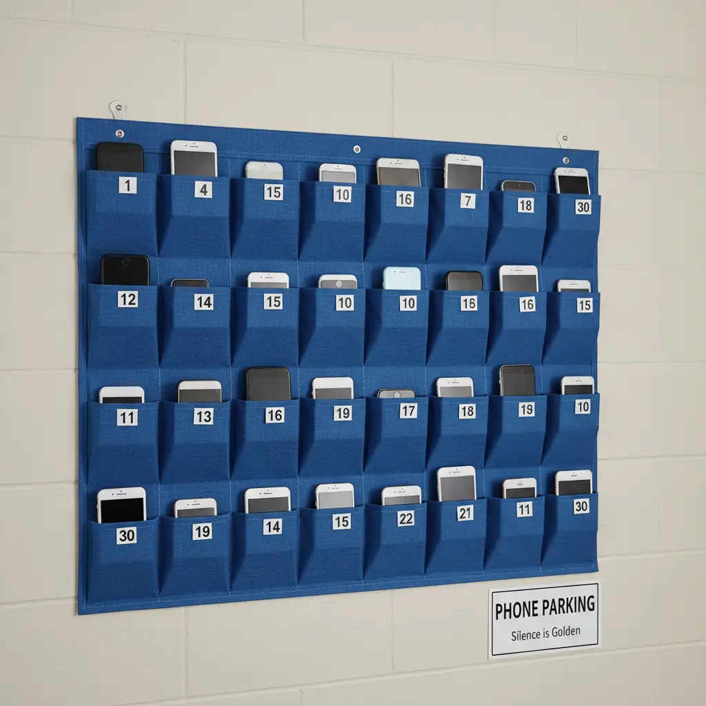 Phone storage pocket organizer in classroom Phone storage pocket organizer in classroom