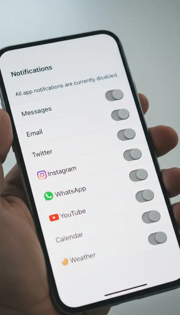 Smartphone screen showing all notifications turned off Smartphone screen showing all notifications turned off