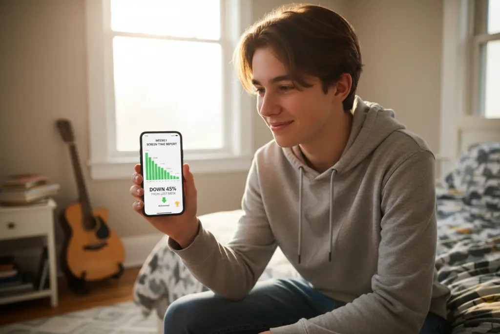 Student reviewing screen time report on phone Student reviewing screen time report on phone