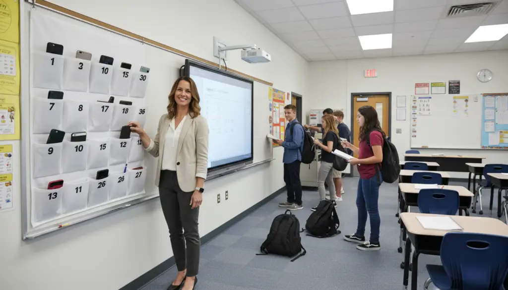 Teacher collecting phones in classroom organizer Teacher collecting phones in classroom organizer