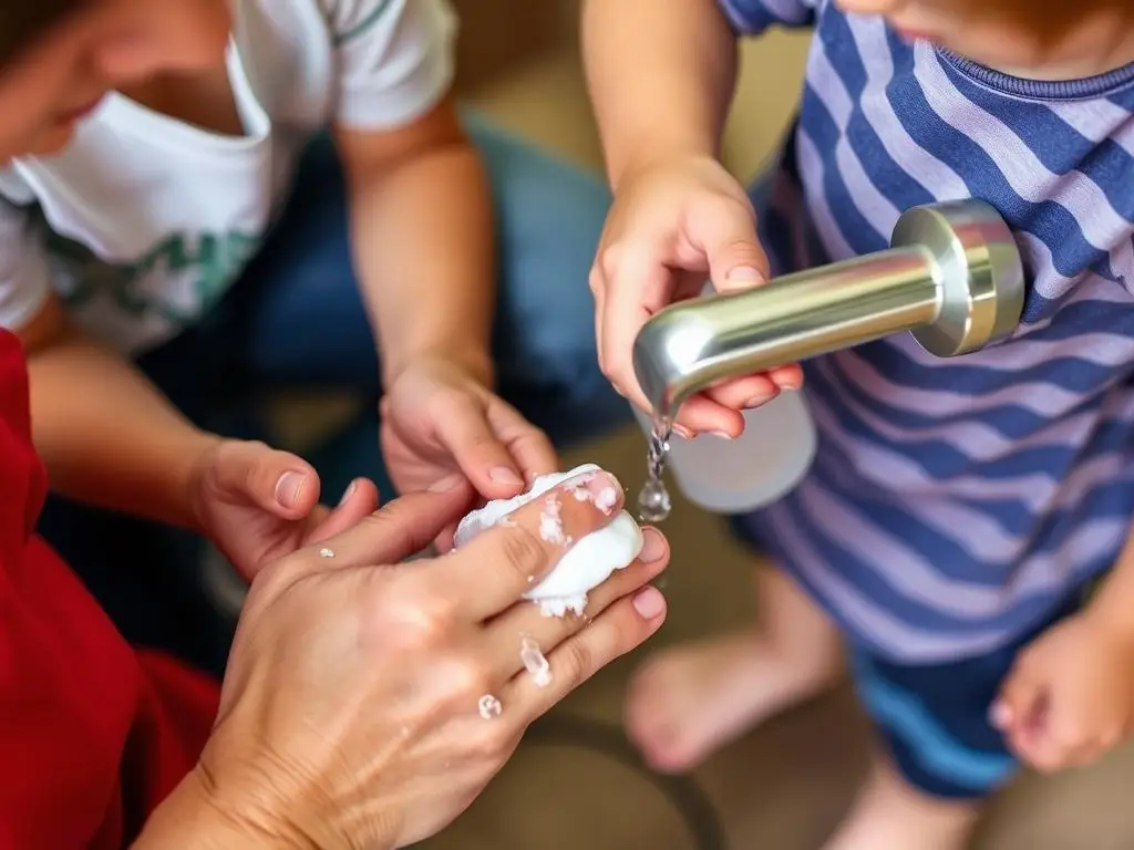 Tetanus in Children: Risks and Prevention Tips 2 Parent cleaning a child's wound with soap and water to prevent infection
