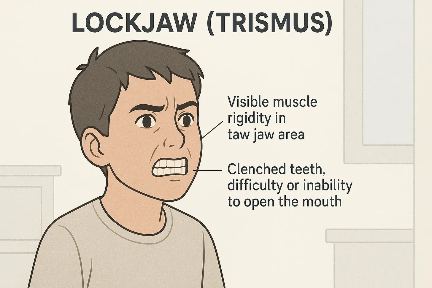 Tetanus in Children: Risks and Prevention Tips 3 Illustration showing lockjaw (trismus), the classic early sign of tetanus