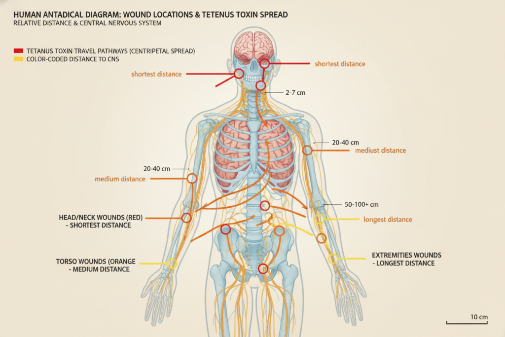 Understanding Tetanus Incubation Period and Disease Progression 2 Anatomical diagram showing nerve pathways and wound distance to central nervous system