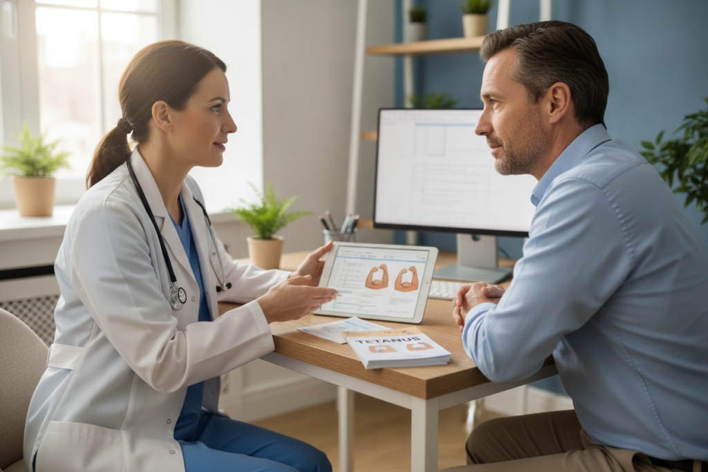 Understanding Tetanus Incubation Period and Disease Progression 6 Healthy patient consulting with healthcare provider about tetanus prevention